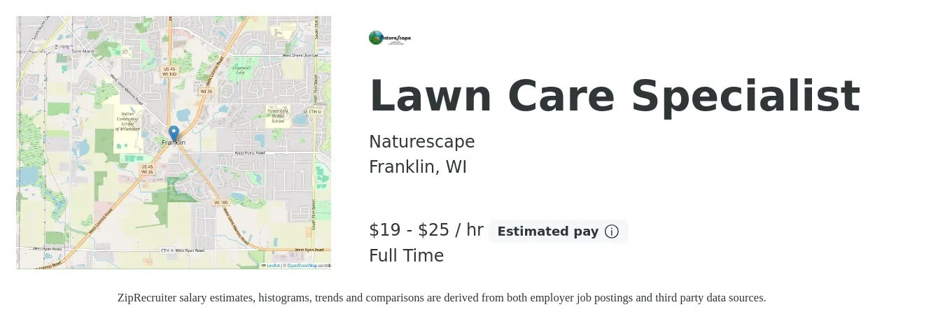 Naturescape job posting for a Lawn Care Specialist in Franklin, WI with a salary of $20 to $27 Hourly with a map of Franklin location.