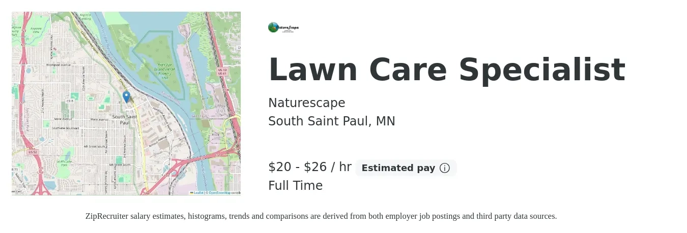 Naturescape job posting for a Lawn Care Specialist in South Saint Paul, MN with a salary of $21 to $28 Hourly with a map of South Saint Paul location.