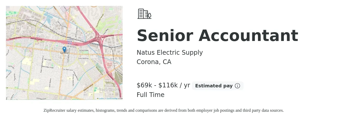 Natus Electric Supply job posting for a Senior Accountant in Corona, CA with a salary of $69,585 to $116,082 Yearly with a map of Corona location.