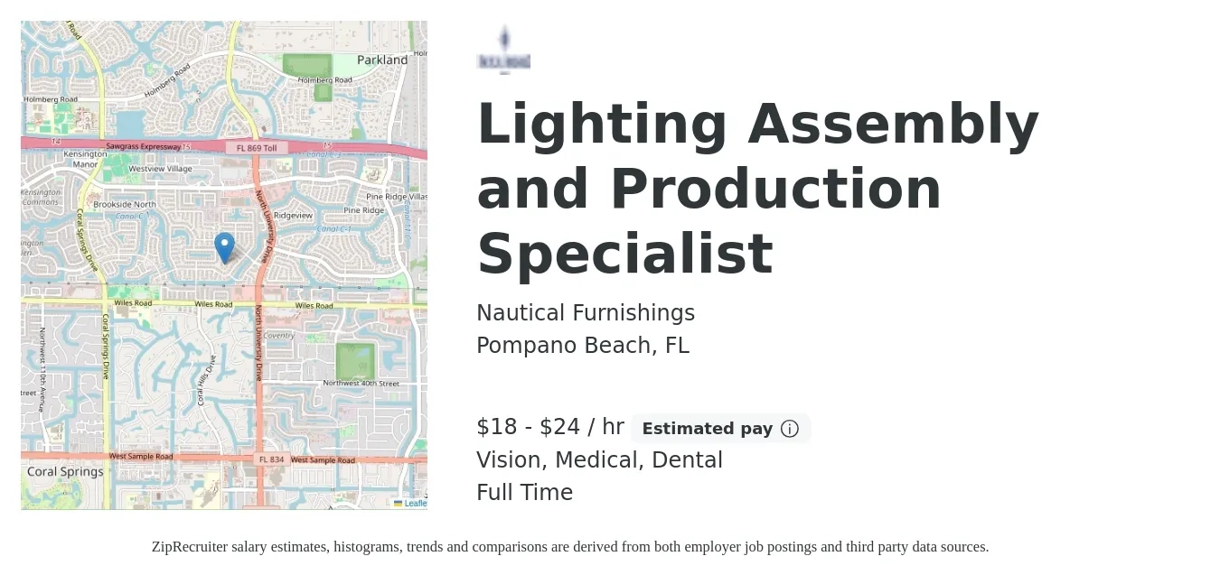Nautical Furnishings job posting for a Lighting Assembly and Production Specialist in Pompano Beach, FL with a salary of $19 to $25 Hourly and benefits including dental, life_insurance, medical, pto, retirement, and vision with a map of Pompano Beach location.