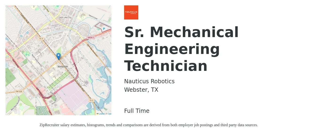 Nauticus Robotics job posting for a Sr. Mechanical Engineering Technician in Webster, TX with a salary of $20 to $31 Hourly with a map of Webster location.