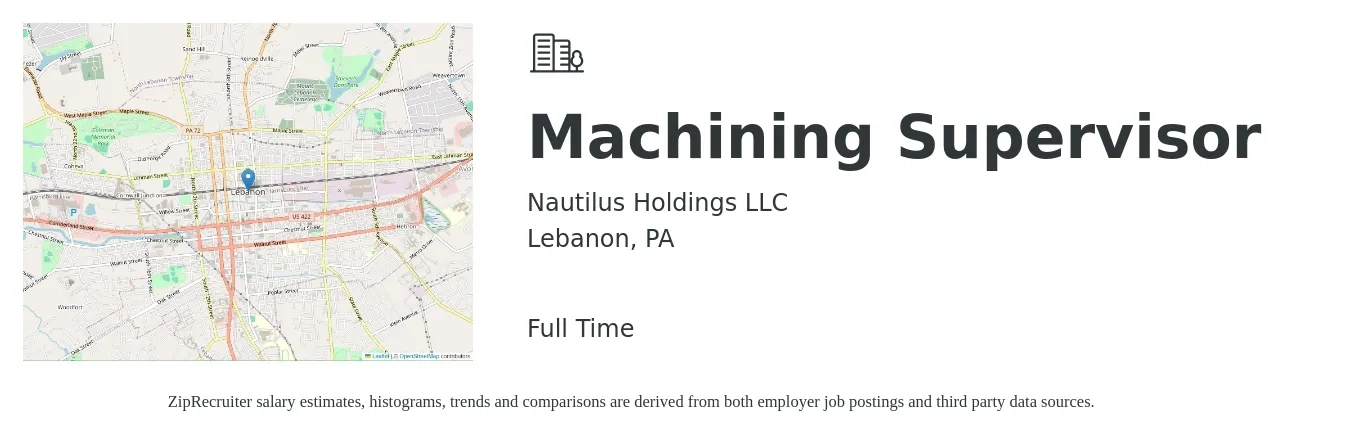 Nautilus Holdings LLC job posting for a Machining Supervisor in Lebanon, PA with a salary of $61,900 to $84,000 Yearly with a map of Lebanon location.