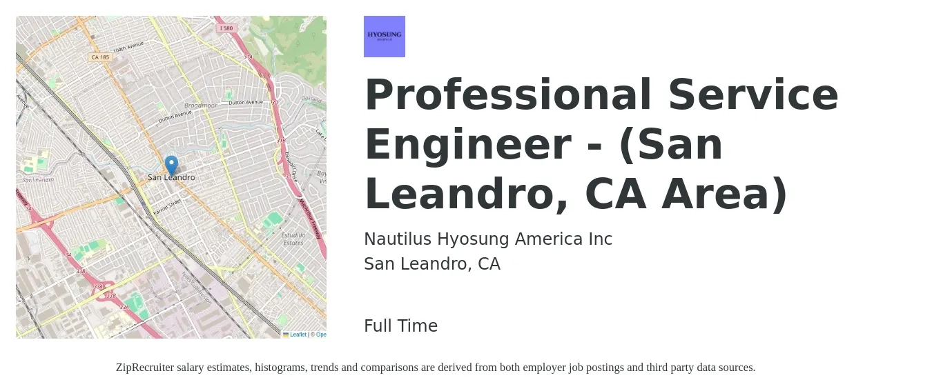 Nautilus Hyosung America Inc job posting for a Professional Service Engineer - (San Leandro, CA Area) in San Leandro, CA with a salary of $93,000 to $124,000 Yearly with a map of San Leandro location.