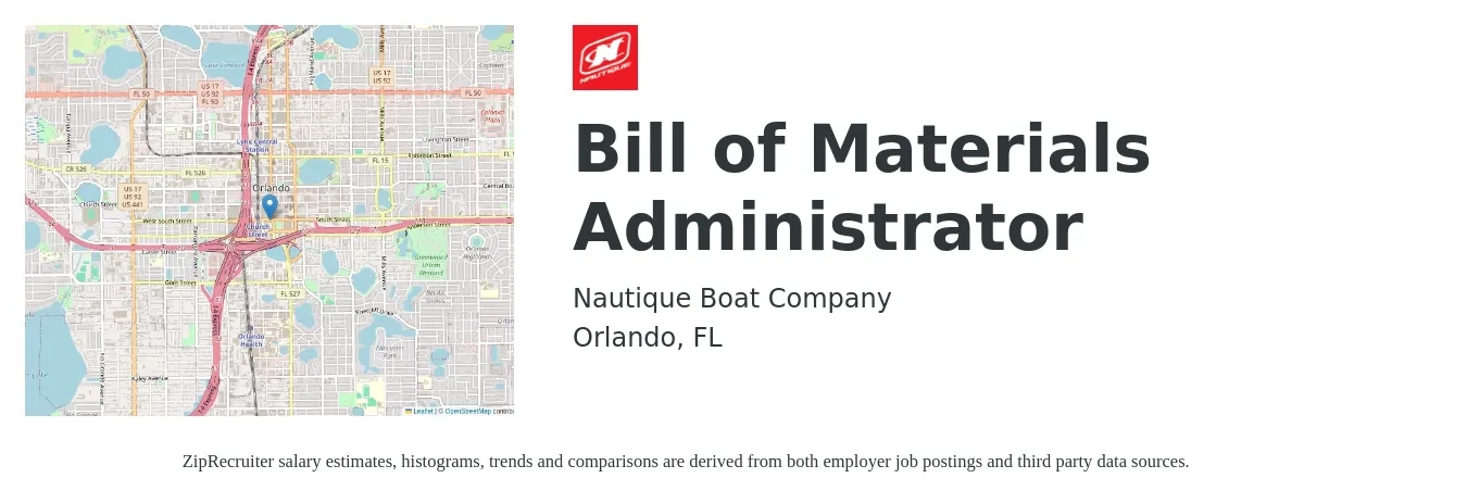 Nautique Boat Company job posting for a Bill of Materials Administrator in Orlando, FL with a salary of $18 to $26 Hourly with a map of Orlando location.