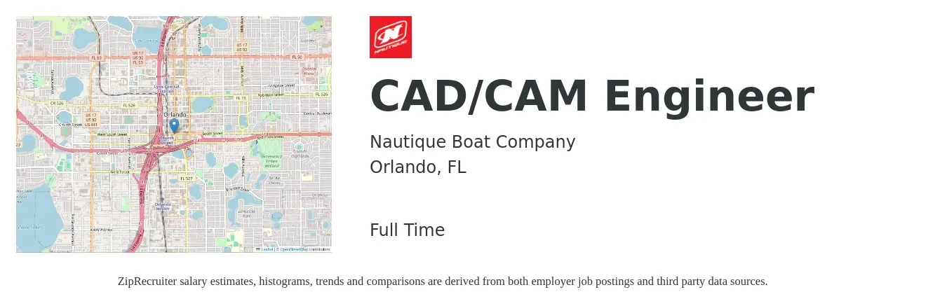 Nautique Boat Company job posting for a CAD/CAM Engineer in Orlando, FL with a salary of $61,200 to $104,500 Yearly with a map of Orlando location.