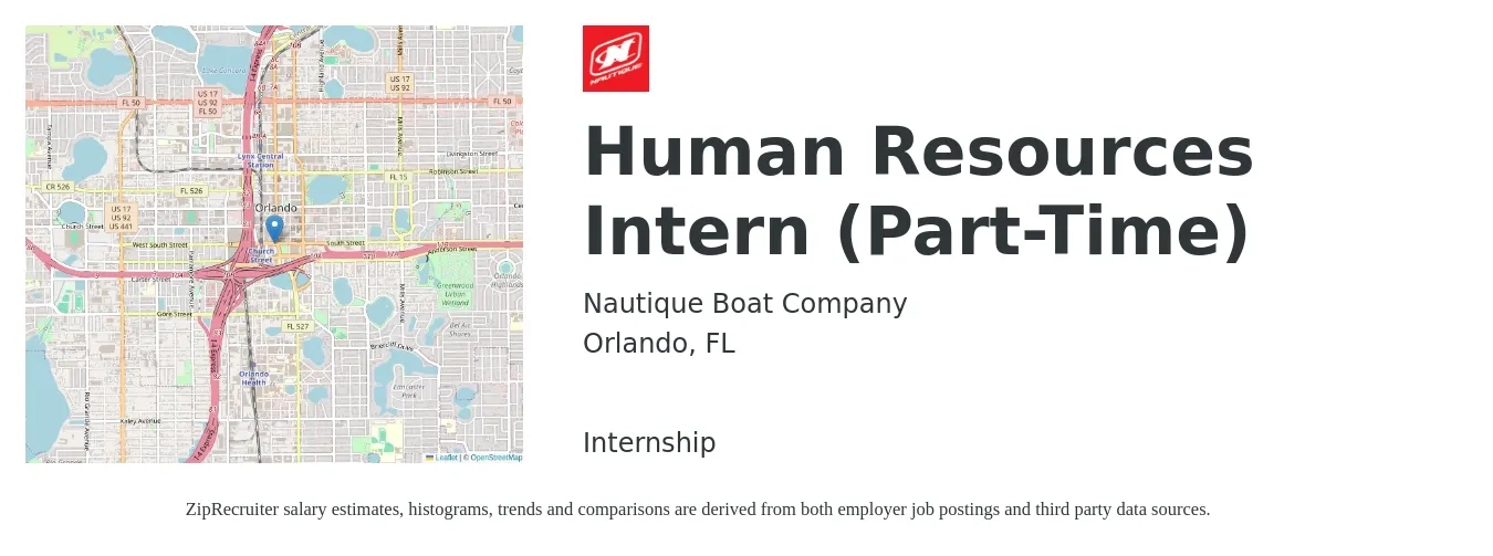 Nautique Boat Company job posting for a Human Resources Intern (Part-Time) in Orlando, FL with a salary of $15 Hourly with a map of Orlando location.