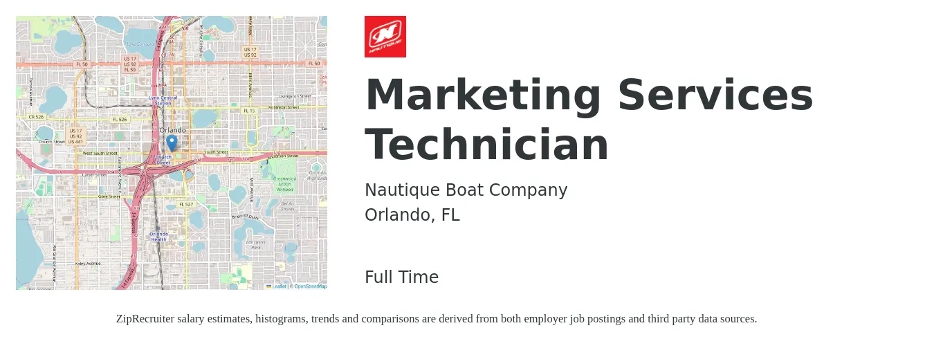 Nautique Boat Company job posting for a Marketing Services Technician in Orlando, FL with a salary of $18 to $34 Hourly with a map of Orlando location.
