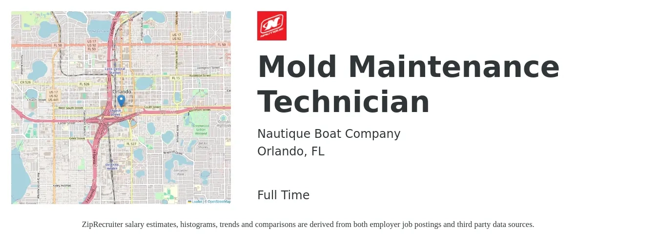 Nautique Boat Company job posting for a Mold Maintenance Technician in Orlando, FL with a salary of $21 to $27 Hourly with a map of Orlando location.