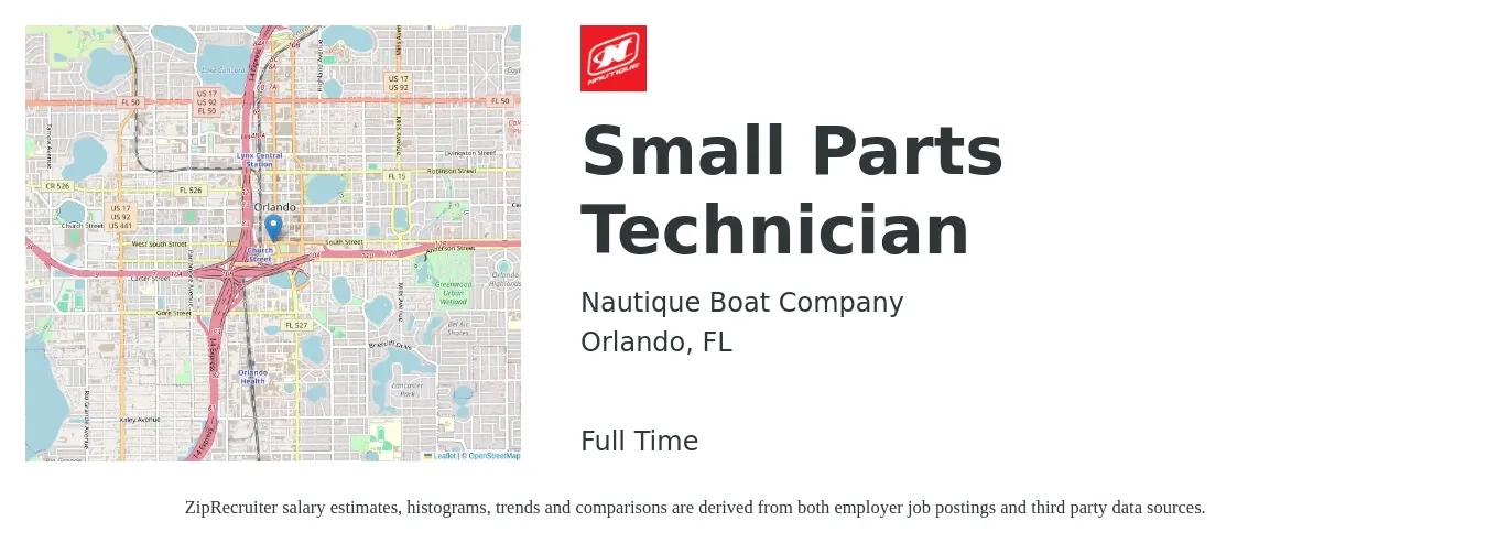 Nautique Boat Company job posting for a Small Parts Technician in Orlando, FL with a salary of $16 to $22 Hourly with a map of Orlando location.