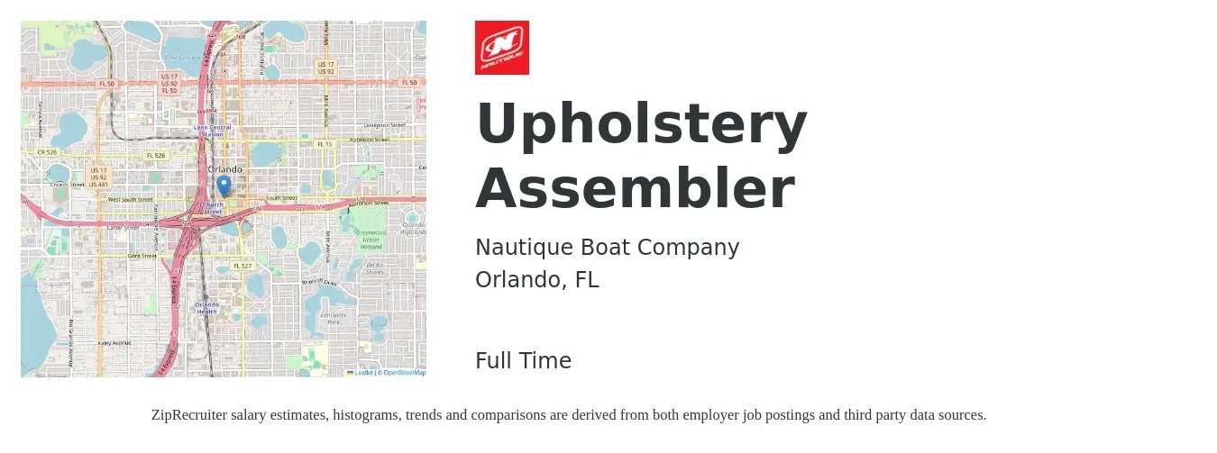 Nautique Boat Company job posting for a Upholstery Assembler in Orlando, FL with a salary of $14 to $17 Hourly with a map of Orlando location.