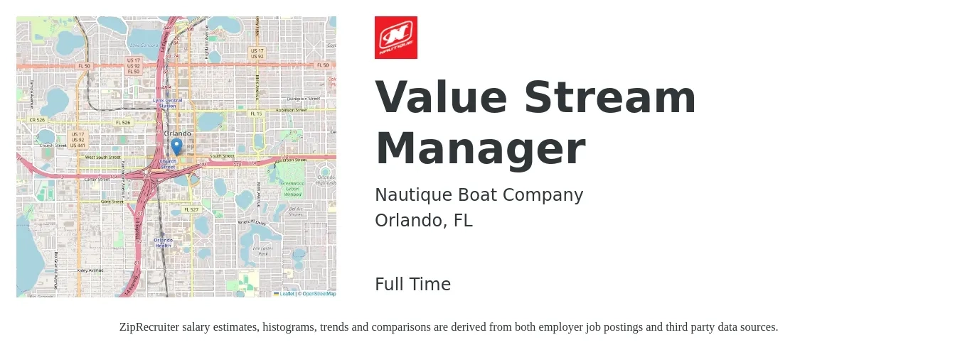 Nautique Boat Company job posting for a Value Stream Manager in Orlando, FL with a salary of $38,500 to $76,500 Yearly with a map of Orlando location.
