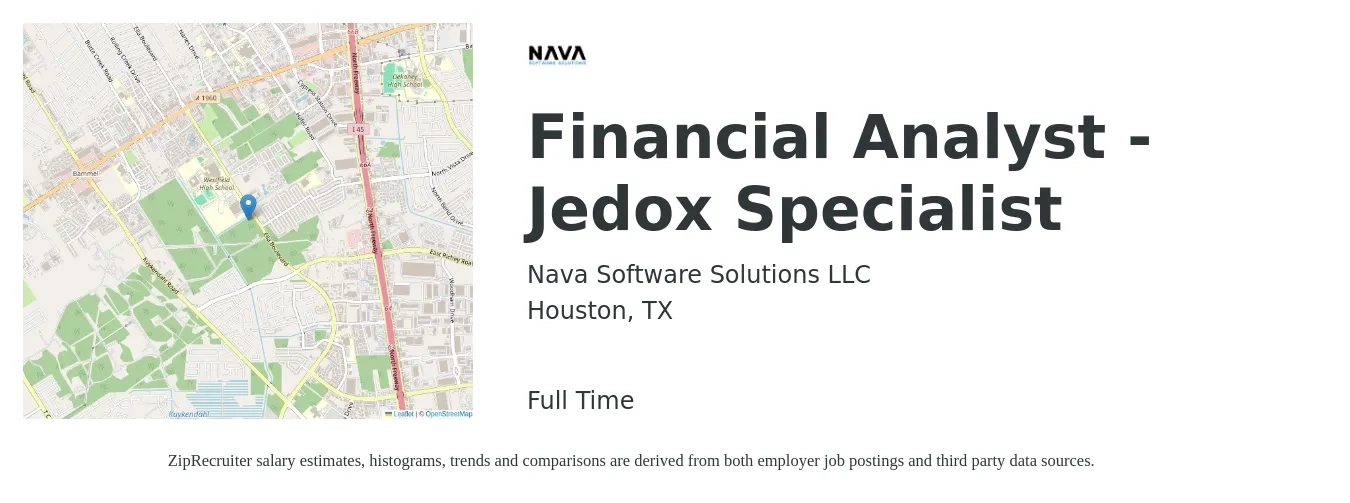 Nava Software Solutions LLC job posting for a Financial Analyst - Jedox Specialist in Houston, TX with a salary of $66,800 to $105,500 Yearly with a map of Houston location.
