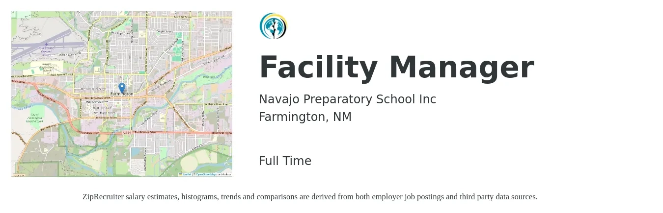Navajo Preparatory School Inc job posting for a Facility Manager in Farmington, NM with a salary of $23 to $31 Hourly with a map of Farmington location.