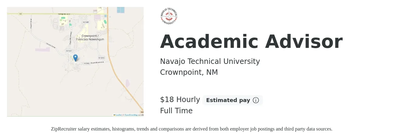 Navajo Technical University job posting for a Academic Advisor in Crownpoint, NM with a salary of $19 Hourly with a map of Crownpoint location.