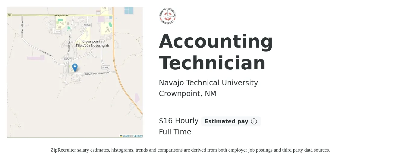 Navajo Technical University job posting for a Accounting Technician in Crownpoint, NM with a salary of $17 Hourly with a map of Crownpoint location.
