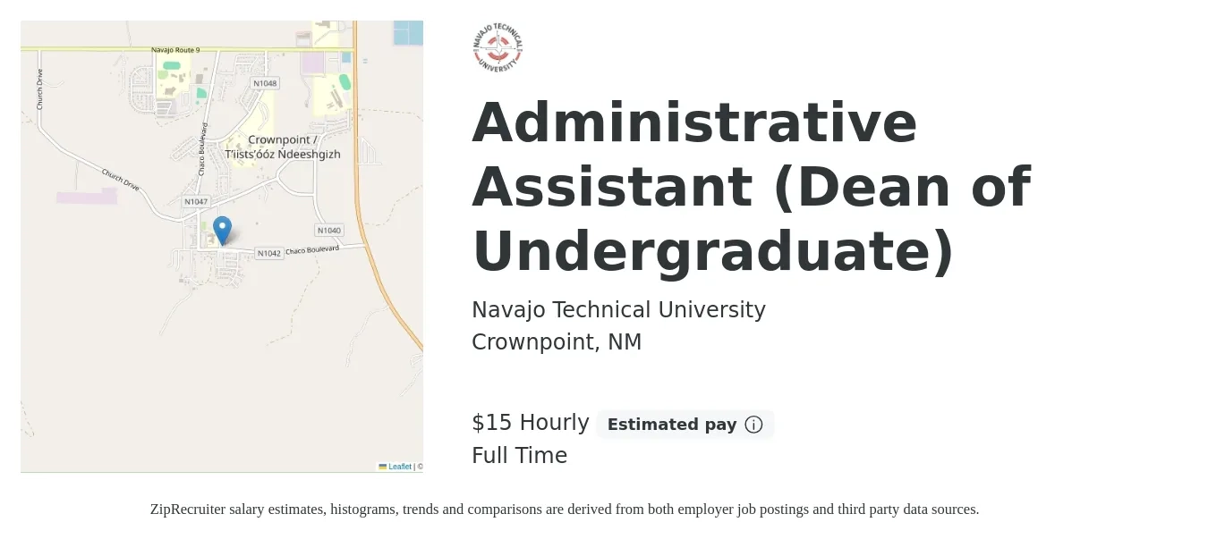 Navajo Technical University job posting for a Administrative Assistant (Dean of Undergraduate) in Crownpoint, NM with a salary of $16 Hourly with a map of Crownpoint location.
