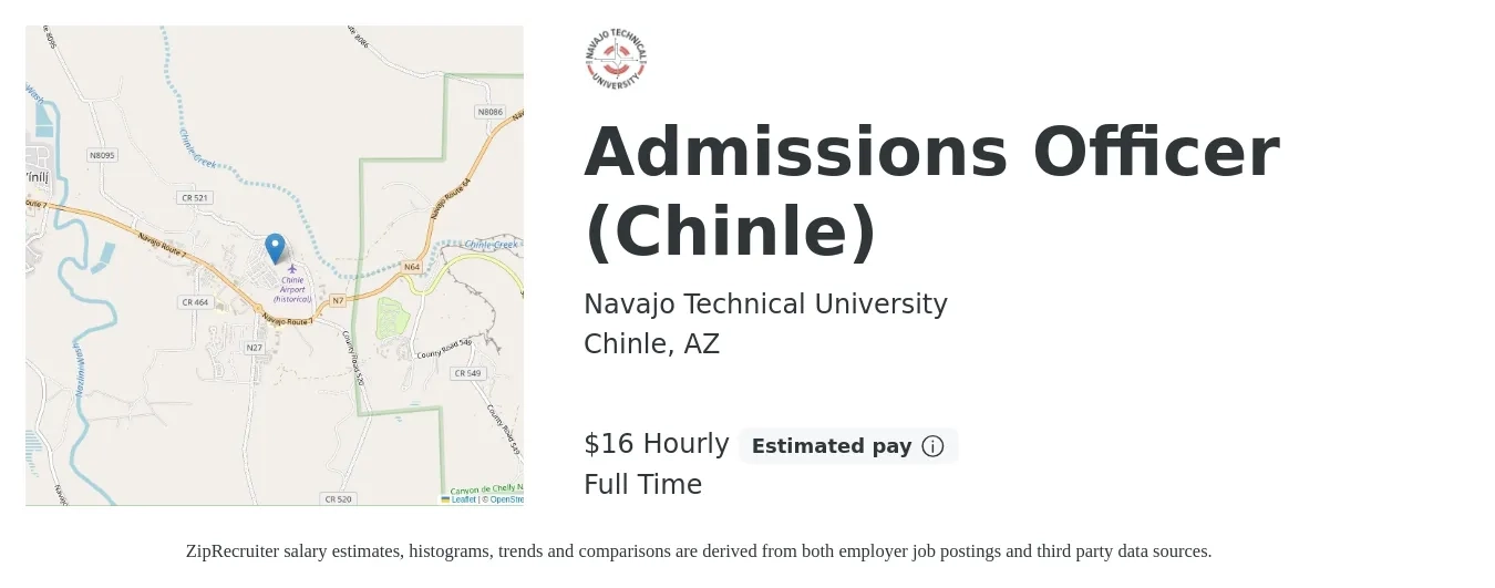 Navajo Technical University job posting for a Admissions Officer (Chinle) in Chinle, AZ with a salary of $17 Hourly with a map of Chinle location.