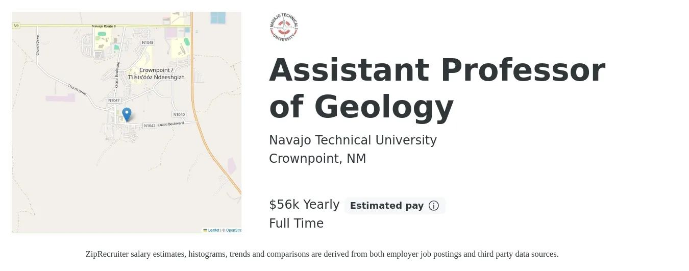 Navajo Technical University job posting for a Assistant Professor of Geology in Crownpoint, NM with a salary of $56,349 Yearly with a map of Crownpoint location.