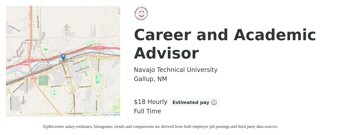 Navajo Technical University job posting for a Career and Academic Advisor in Gallup, NM with a salary of $19 Hourly with a map of Gallup location.