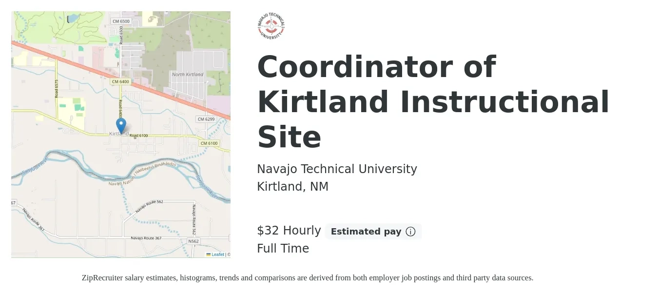 Navajo Technical University job posting for a Coordinator of Kirtland Instructional Site in Kirtland, NM with a salary of $69,594 Yearly with a map of Kirtland location.
