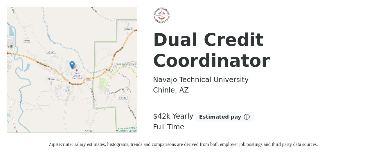 Navajo Technical University job posting for a Dual Credit Coordinator in Chinle, AZ with a salary of $42,762 Yearly with a map of Chinle location.