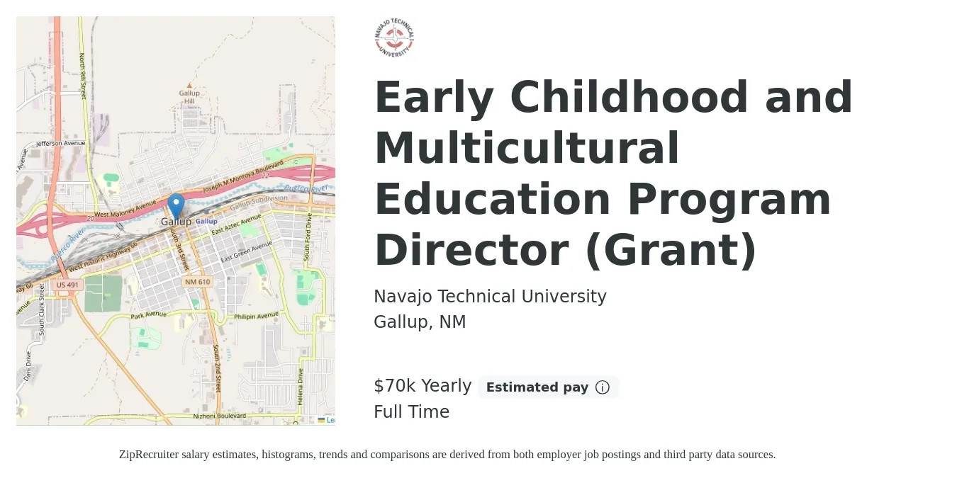 Navajo Technical University job posting for a Early Childhood and Multicultural Education Program Director (Grant) in Gallup, NM with a salary of $70,000 Yearly with a map of Gallup location.