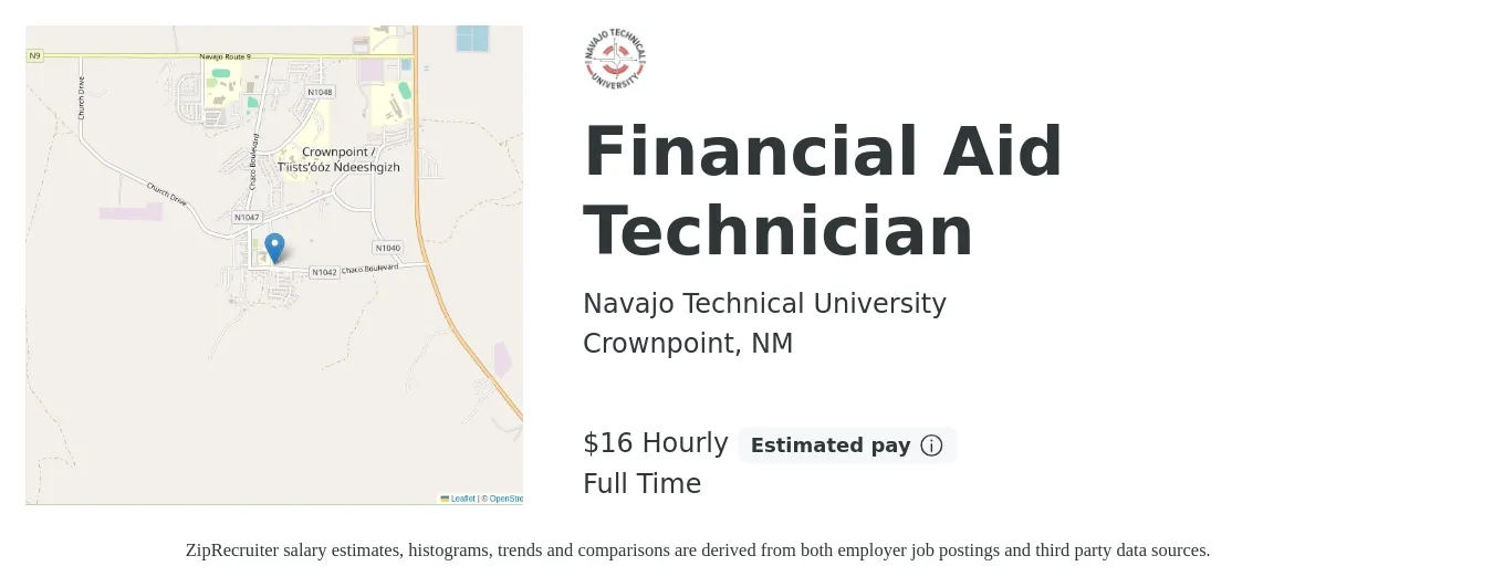 Navajo Technical University job posting for a Financial Aid Technician in Crownpoint, NM with a salary of $17 Hourly with a map of Crownpoint location.