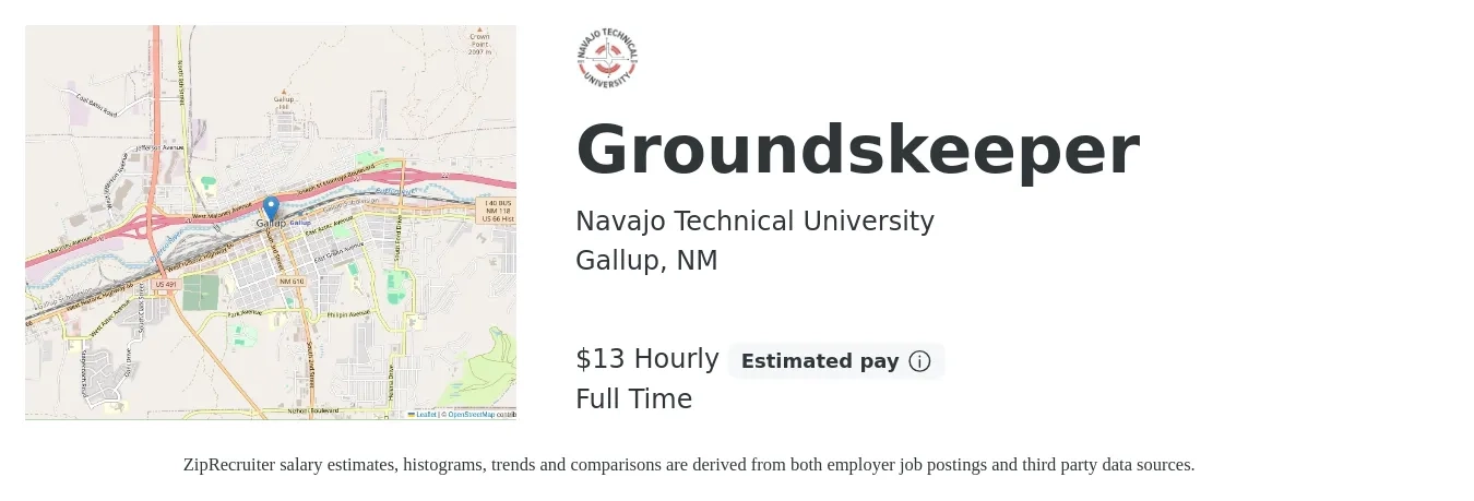 Navajo Technical University job posting for a Groundskeeper in Gallup, NM with a salary of $14 Hourly with a map of Gallup location.
