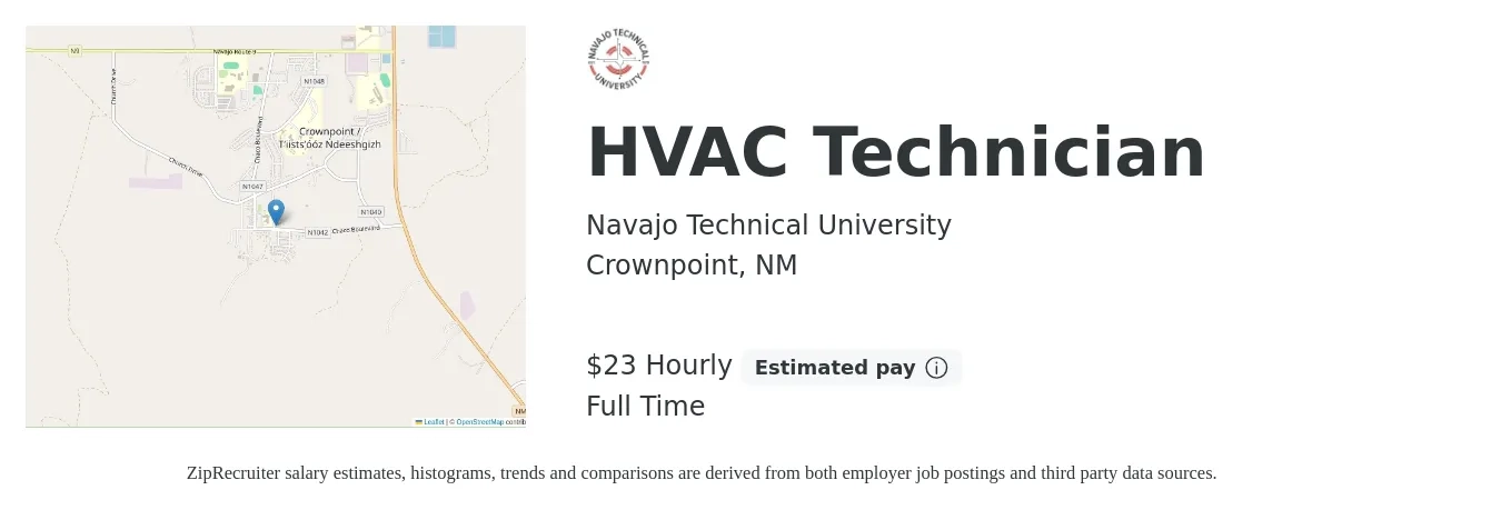 Navajo Technical University job posting for a HVAC Technician in Crownpoint, NM with a salary of $25 Hourly with a map of Crownpoint location.