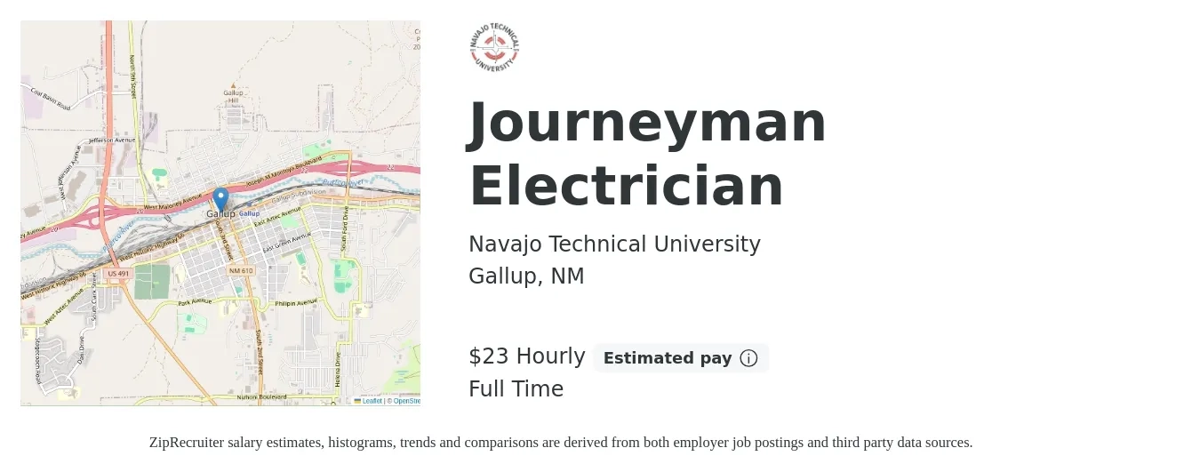 Navajo Technical University job posting for a Journeyman Electrician in Gallup, NM with a salary of $25 Hourly with a map of Gallup location.