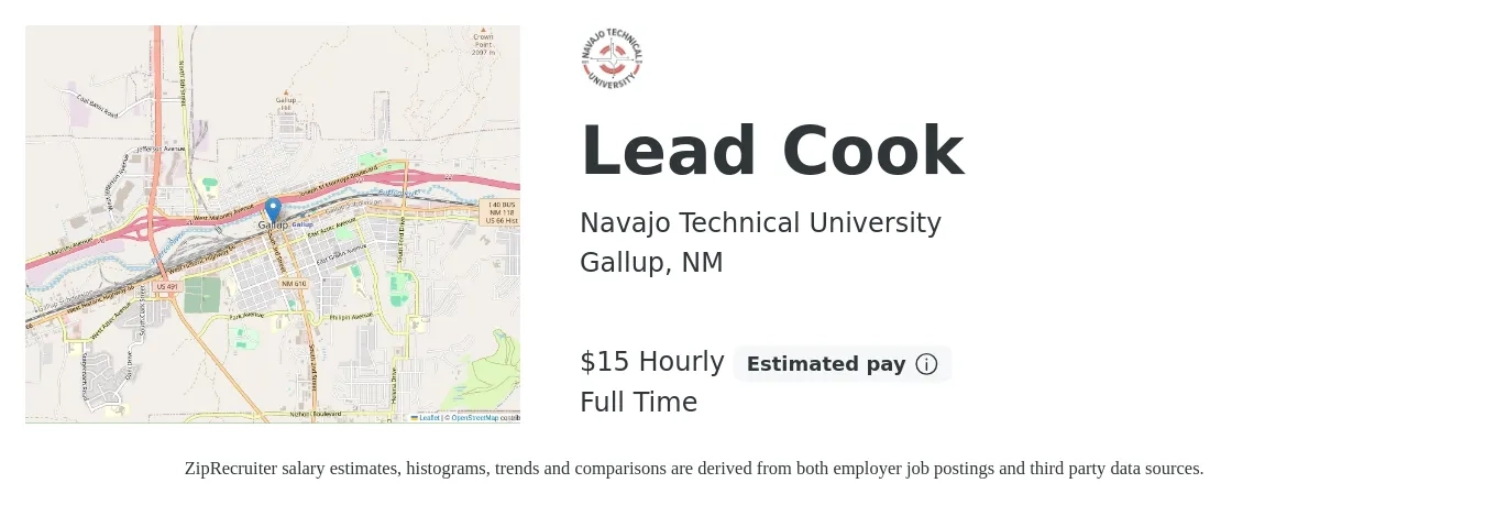 Navajo Technical University job posting for a Lead Cook in Gallup, NM with a salary of $16 Hourly with a map of Gallup location.