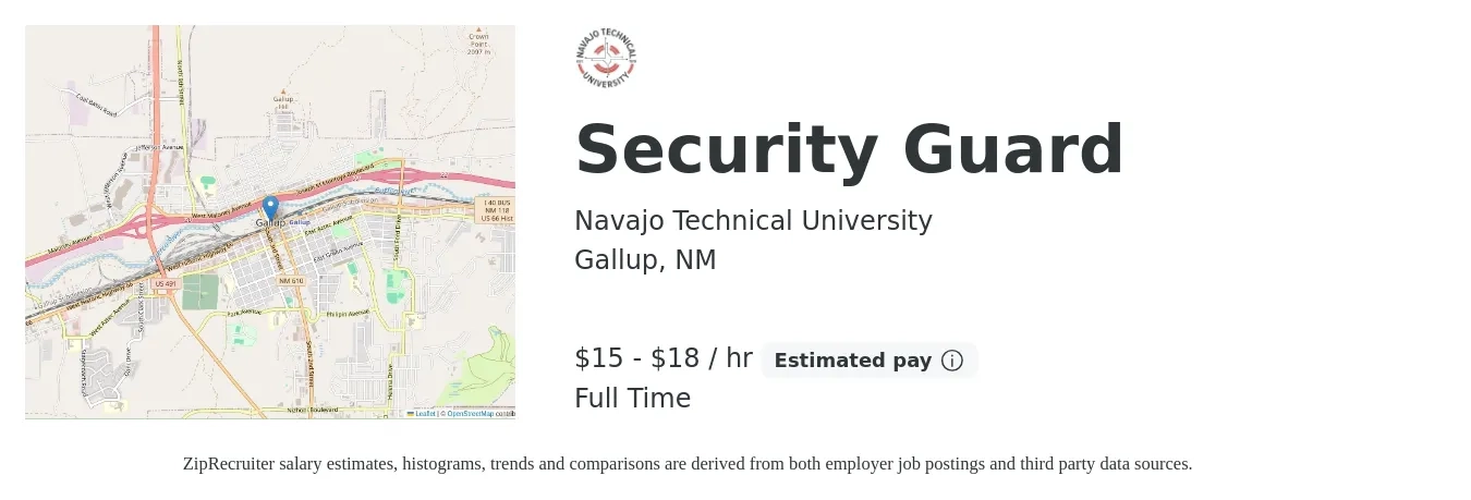 Navajo Technical University job posting for a Security Guard in Gallup, NM with a salary of $16 to $19 Hourly with a map of Gallup location.