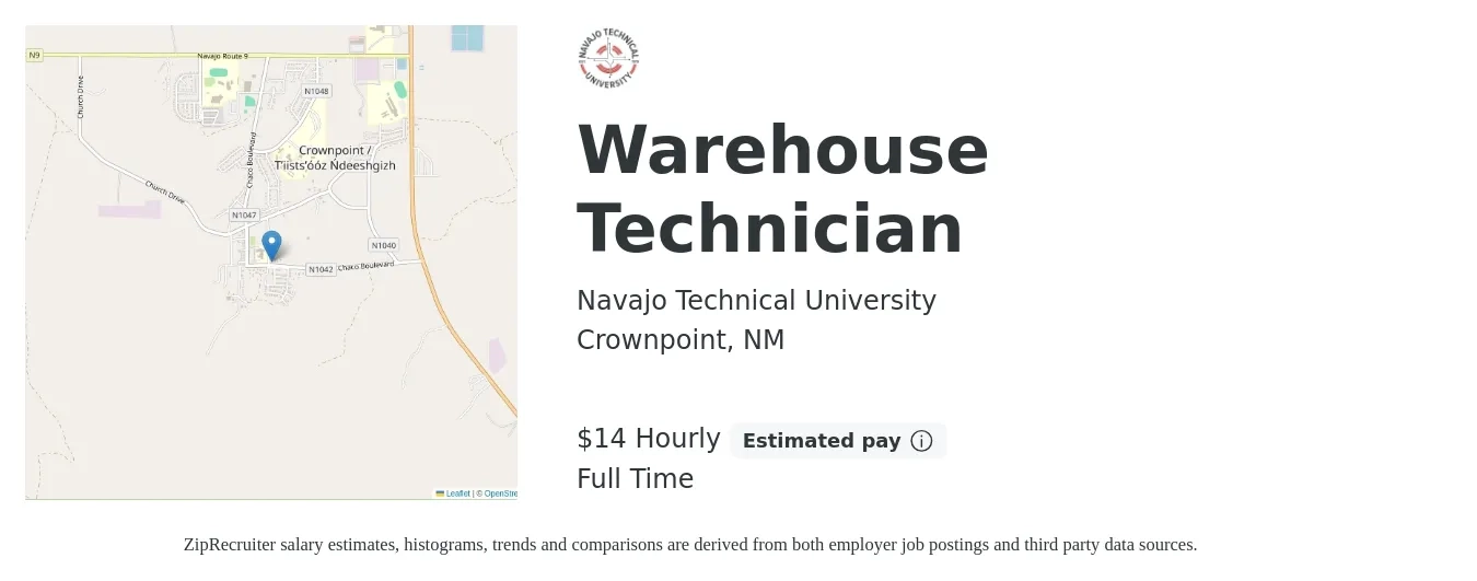 Navajo Technical University job posting for a Warehouse Technician in Crownpoint, NM with a salary of $15 Hourly with a map of Crownpoint location.