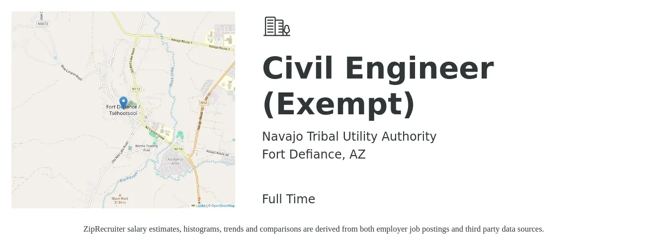 Navajo Tribal Utility Authority job posting for a Civil Engineer (Exempt) in Fort Defiance, AZ with a salary of $69,600 to $101,600 Yearly with a map of Fort Defiance location.