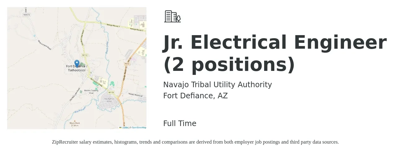 Navajo Tribal Utility Authority job posting for a Jr. Electrical Engineer (2 positions) in Fort Defiance, AZ with a salary of $63,900 to $89,200 Yearly with a map of Fort Defiance location.