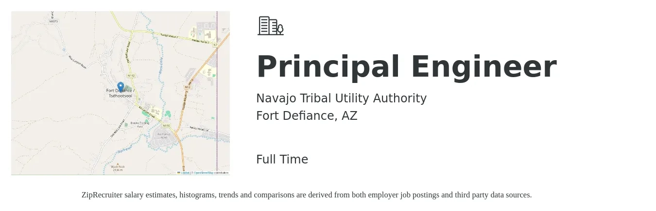 Navajo Tribal Utility Authority job posting for a Principal Engineer in Fort Defiance, AZ with a salary of $122,200 to $178,400 Yearly with a map of Fort Defiance location.