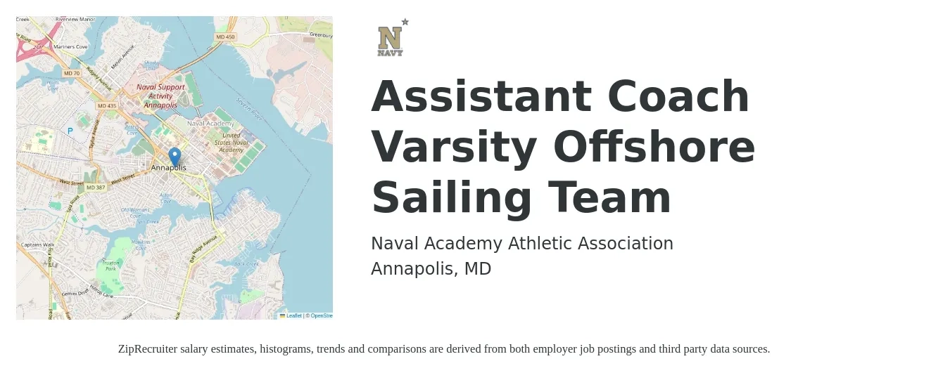 Naval Academy Athletic Association job posting for a Assistant Coach Varsity Offshore Sailing Team in Annapolis, MD with a map of Annapolis location.