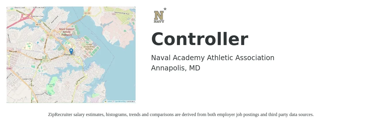 Naval Academy Athletic Association job posting for a Controller in Annapolis, MD with a salary of $96,000 to $137,100 Yearly with a map of Annapolis location.