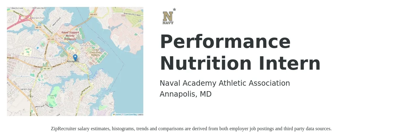 Naval Academy Athletic Association job posting for a Performance Nutrition Intern in Annapolis, MD with a salary of $15 to $19 Hourly with a map of Annapolis location.