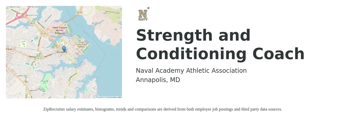 Naval Academy Athletic Association job posting for a Strength and Conditioning Coach in Annapolis, MD with a salary of $20 to $28 Hourly with a map of Annapolis location.