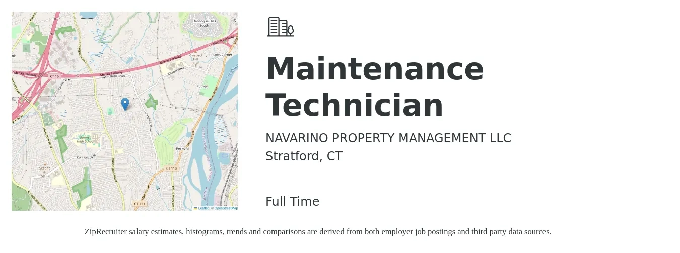 NAVARINO PROPERTY MANAGEMENT LLC job posting for a Maintenance Technician in Stratford, CT with a salary of $20 to $28 Hourly with a map of Stratford location.