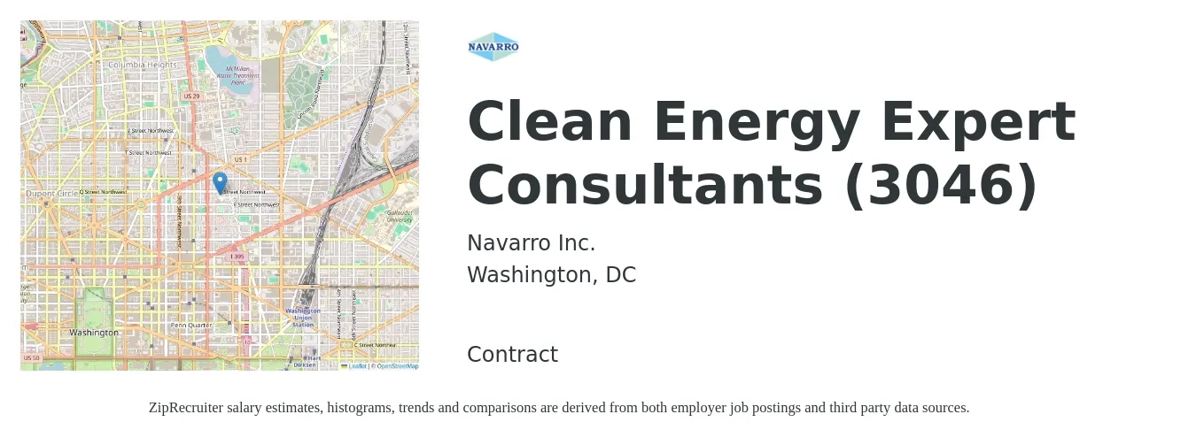 Navarro Inc. job posting for a Clean Energy Expert Consultants (3046) in Washington, DC with a salary of $63,400 to $111,600 Yearly with a map of Washington location.