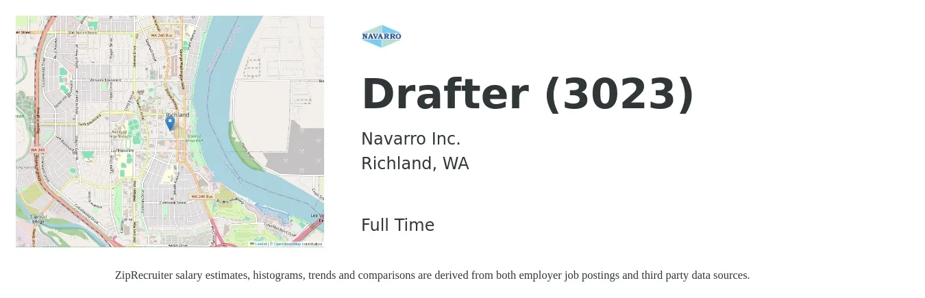 Navarro Inc. job posting for a Drafter (3023) in Richland, WA with a salary of $23 to $33 Hourly with a map of Richland location.