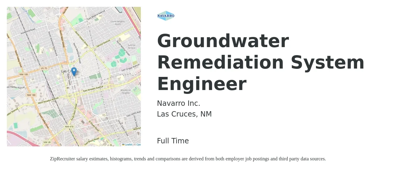 Navarro Inc. job posting for a Groundwater Remediation System Engineer in Las Cruces, NM with a salary of $90,000 to $102,900 Yearly with a map of Las Cruces location.