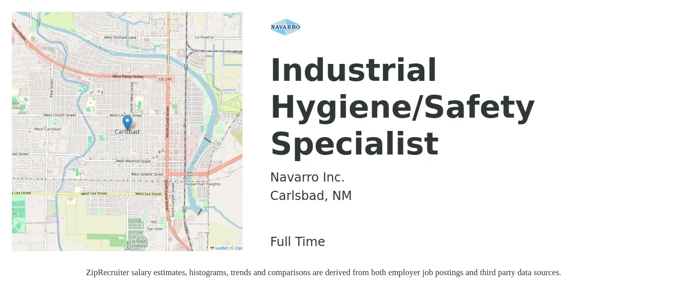 Navarro Inc. job posting for a Industrial Hygiene/Safety Specialist in Carlsbad, NM with a salary of $64,900 to $83,000 Yearly with a map of Carlsbad location.