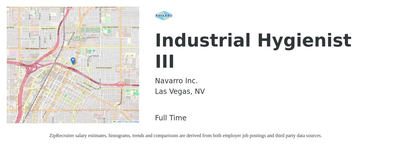 Navarro Inc. job posting for a Industrial Hygienist III in Las Vegas, NV with a salary of $44,900 to $90,300 Yearly with a map of Las Vegas location.