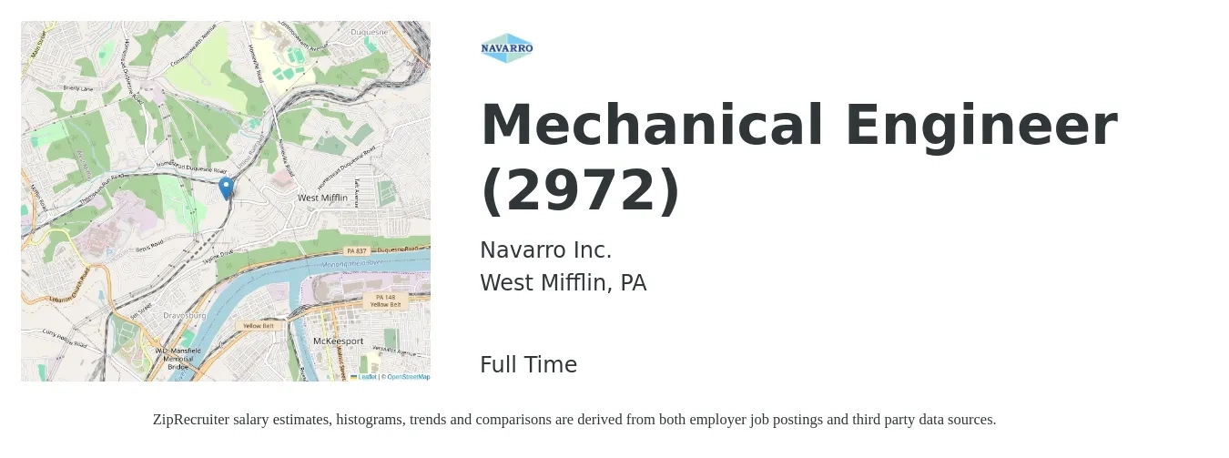 Navarro Inc. job posting for a Mechanical Engineer (2972) in West Mifflin, PA with a salary of $75,800 to $117,700 Yearly with a map of West Mifflin location.