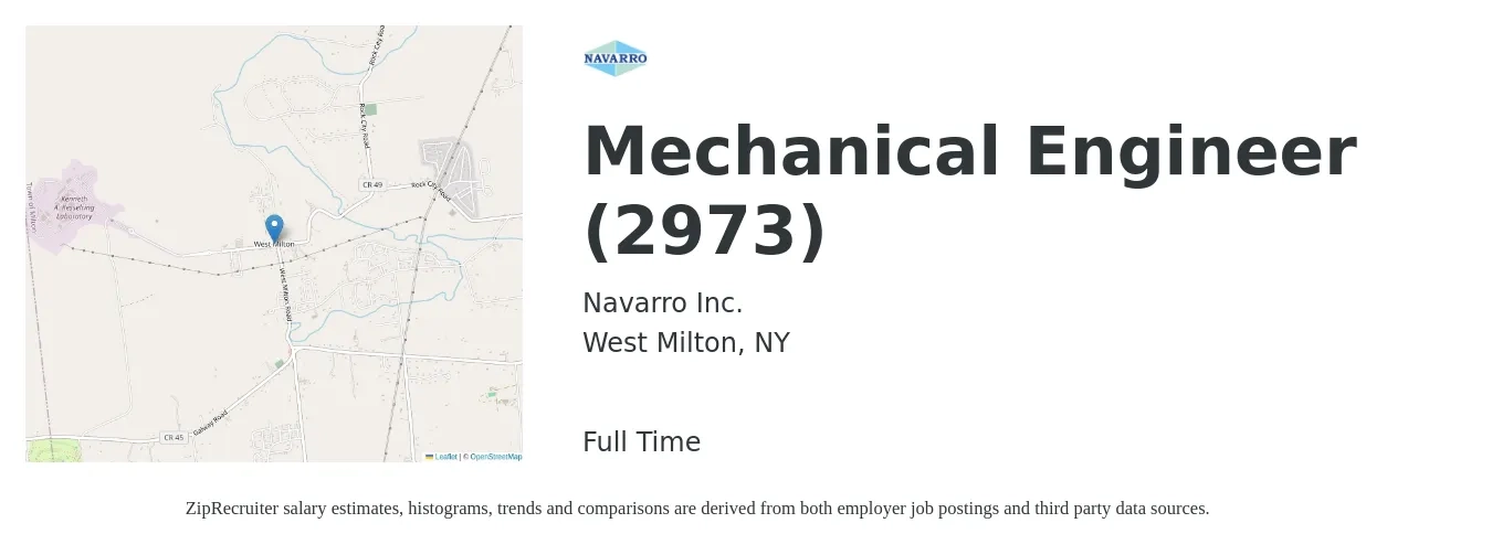 Navarro Inc. job posting for a Mechanical Engineer (2973) in West Milton, NY with a salary of $80,000 to $140,000 Yearly with a map of West Milton location.