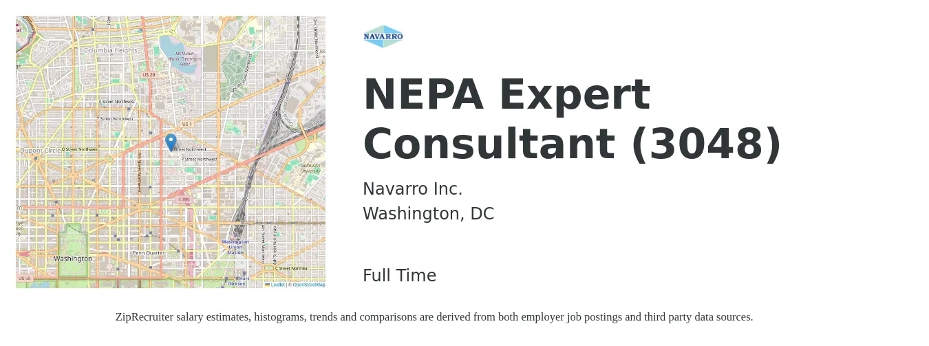 Navarro Inc. job posting for a NEPA Expert Consultant (3048) in Washington, DC with a salary of $34 to $58 Hourly with a map of Washington location.