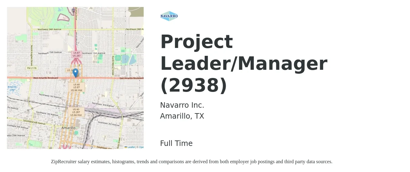 Navarro Inc. job posting for a Project Leader/Manager (2938) in Amarillo, TX with a salary of $82,800 to $119,300 Yearly with a map of Amarillo location.